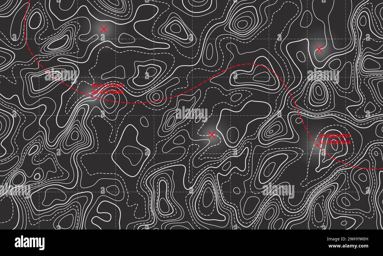 Ocean bottom topographic line map curvy wave isolines vector illustration. Sea depth topographic landscape surface for nautical radar readings. Cartog Stock Vector