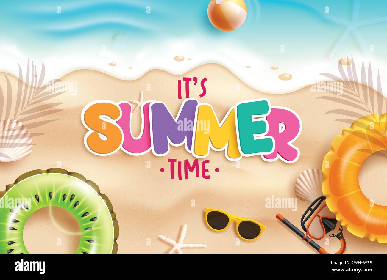 Summer time text vector design. It's summer time greeting text in seashore and beach sand with floaters, sunglasses and seashells elements decoration Stock Vector