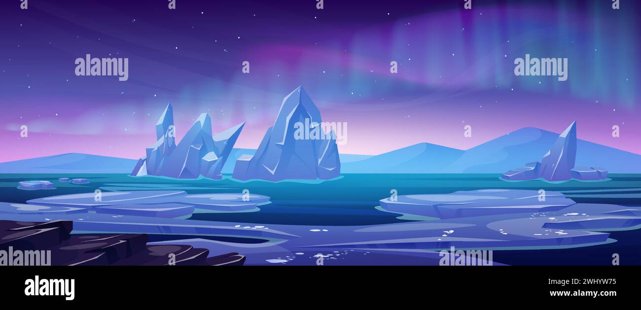 North pole landscape with aurora borealis. Vector cartoon illustration of winter seascape with ice pieces floating on cold water surface, snowy mountains on horizon, northern lights in starry sky Stock Vector