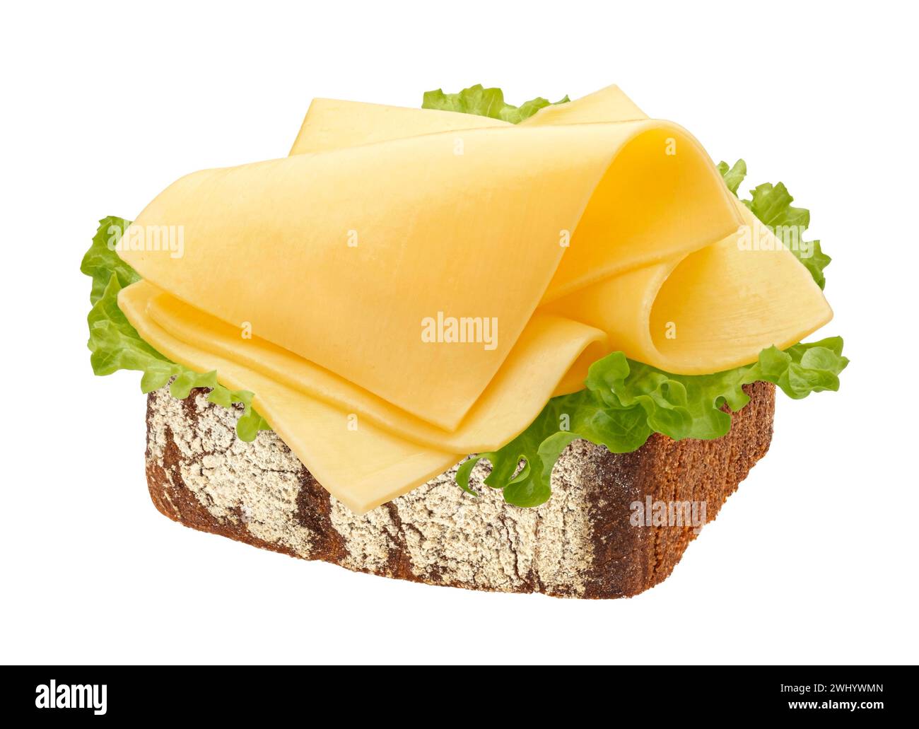 Gouda slices on rye bread isolated on white background Stock Photo