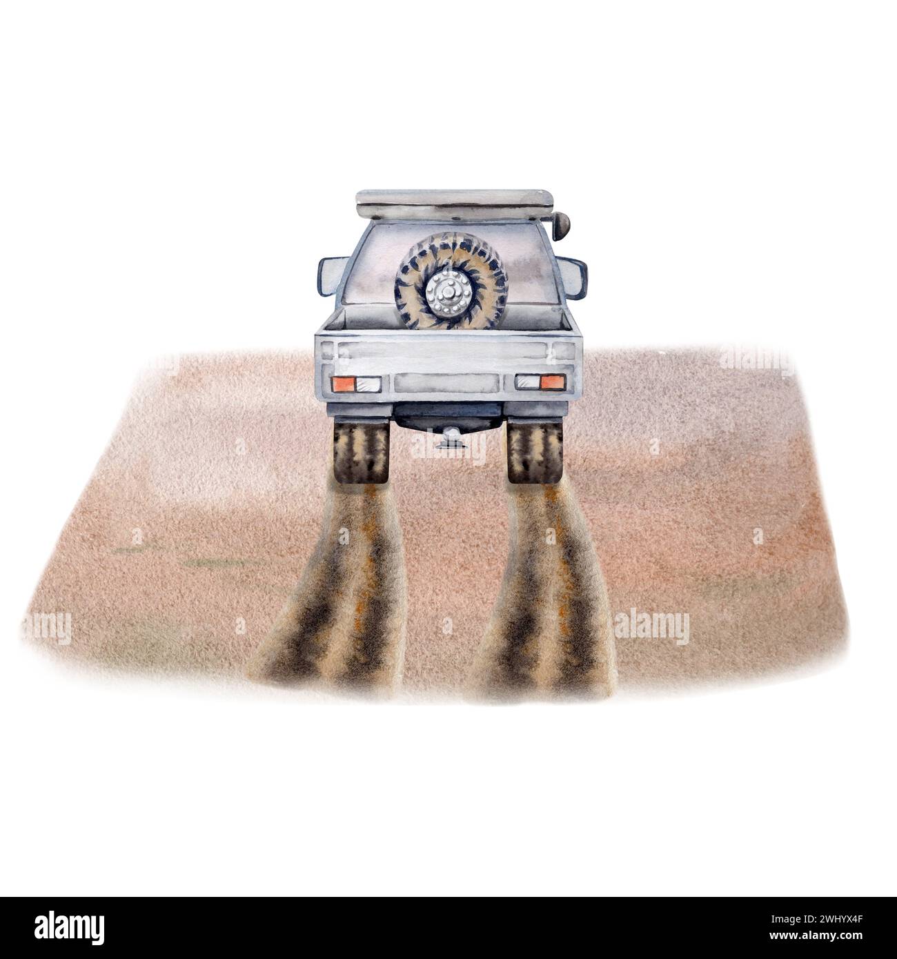 Touring composition with rear view of off road car with roof top tent. Dirt tracks on sandy background. Watercolor illustration on white background Stock Photo