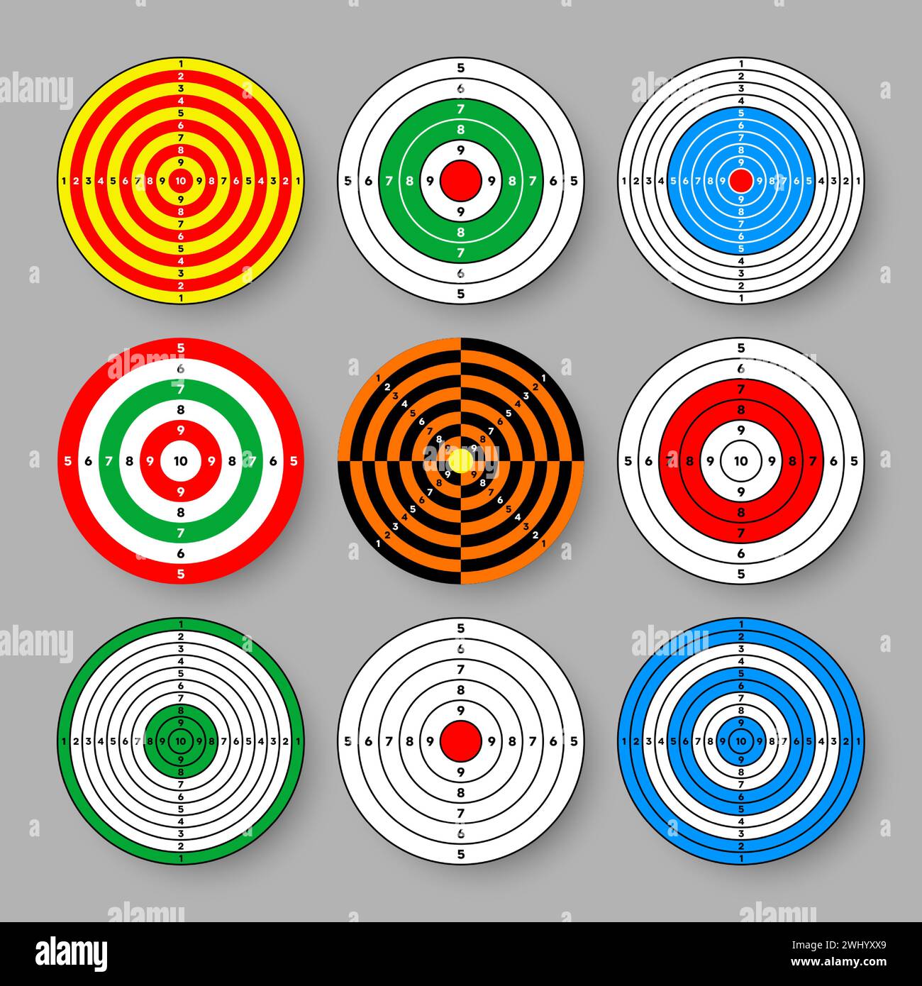 Shooting range paper targets. Round target with divisions, marks and numbers. Archery, gun shooting practise and training, sport competition and Stock Vector