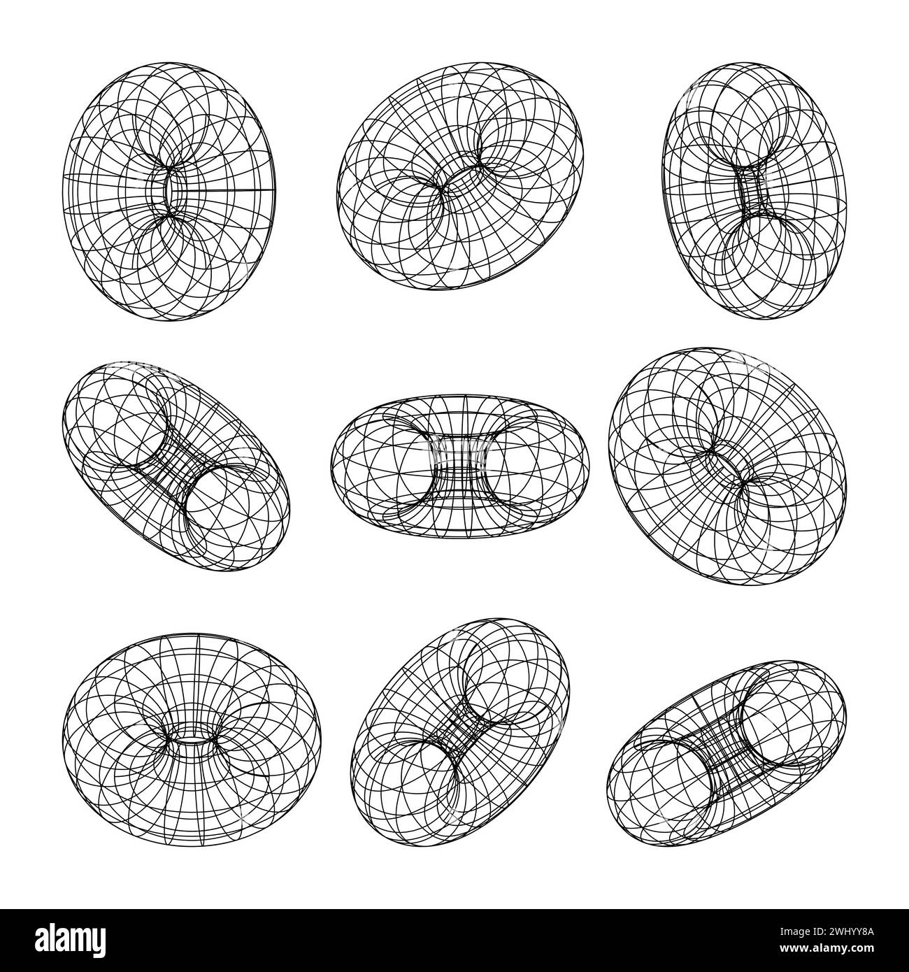 Wireframe shapes, lined torus. Perspective mesh, 3d grid. Low poly ...