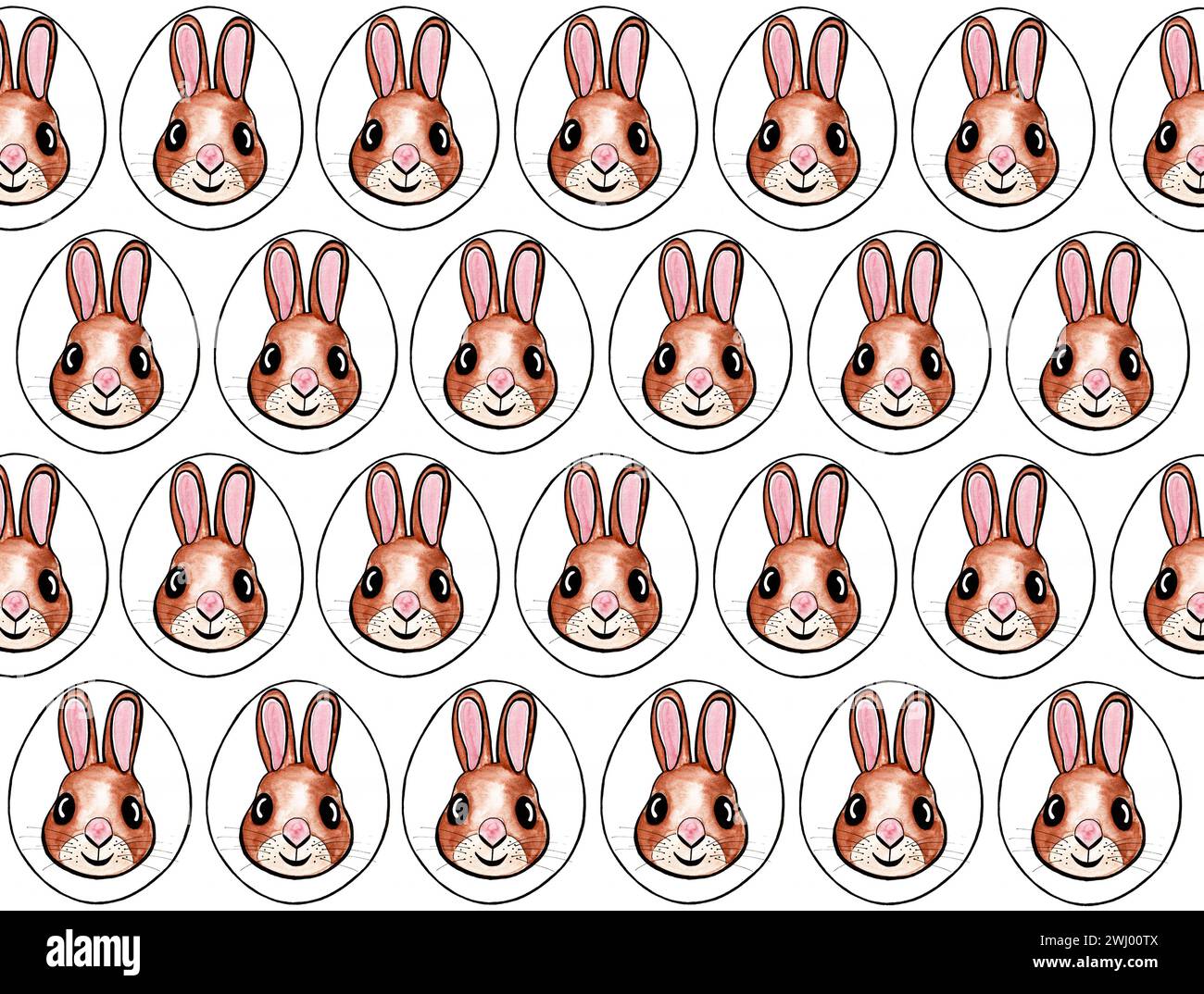 A pattern of portraits of rabbits depicted on Easter eggs. Portraits in front, inscribed in ovals, are drawn with a black outline. Rabbits are smiling Stock Photo