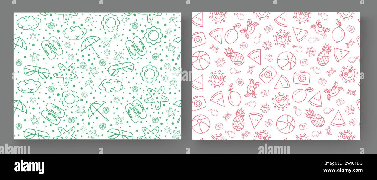 Summer seamless pattern vector poster set. Summer time doodle elements and hand drawn objects for tropical season endless collection design. Vector Stock Vector
