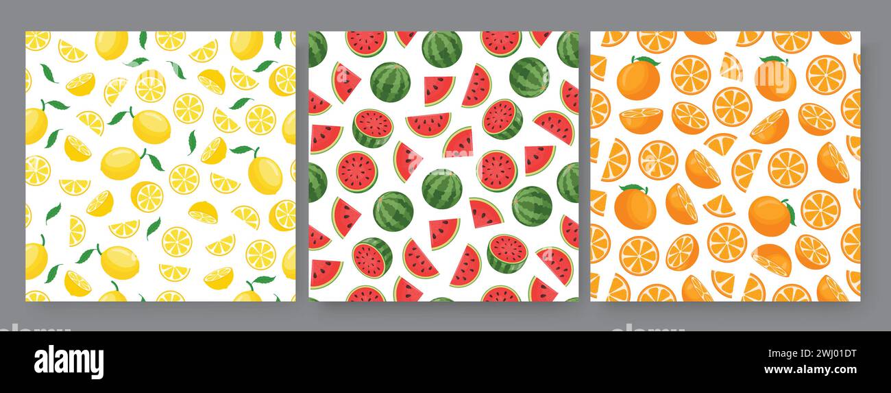 Summer fruits seamless vector poster set. Summer tropical fruit elements pattern like lemon, watermelon and orange fresh whole and slices collection. Stock Vector