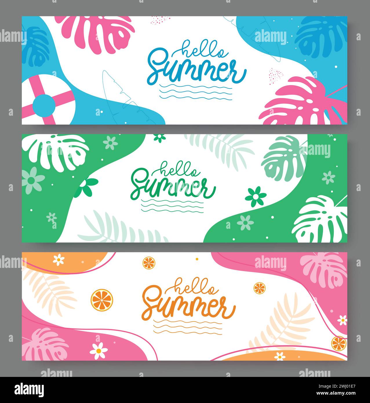 Hello summer abstract vector banner set. Summer hello greeting text with tropical leaves decoration elements for tropical background collection. Stock Vector