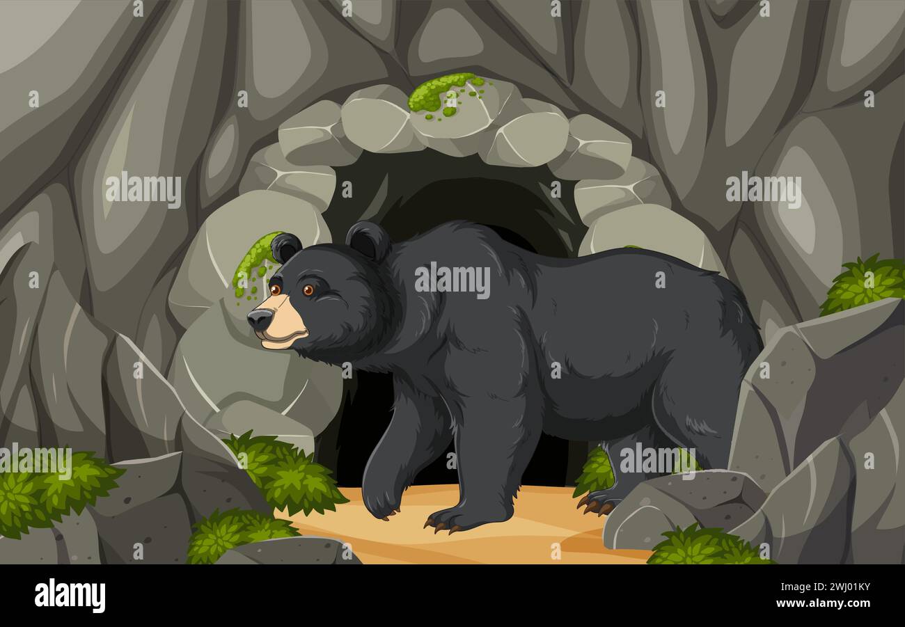 Illustration of a bear exiting a rocky den Stock Vector