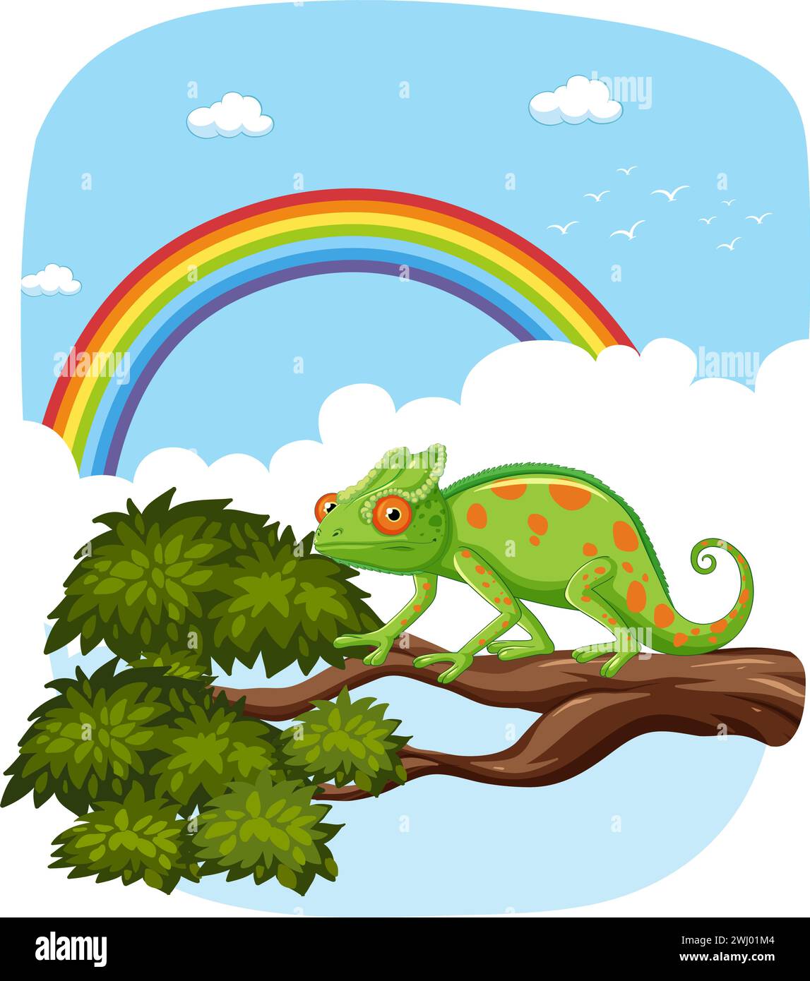 Colorful chameleon on a tree branch, rainbow background Stock Vector