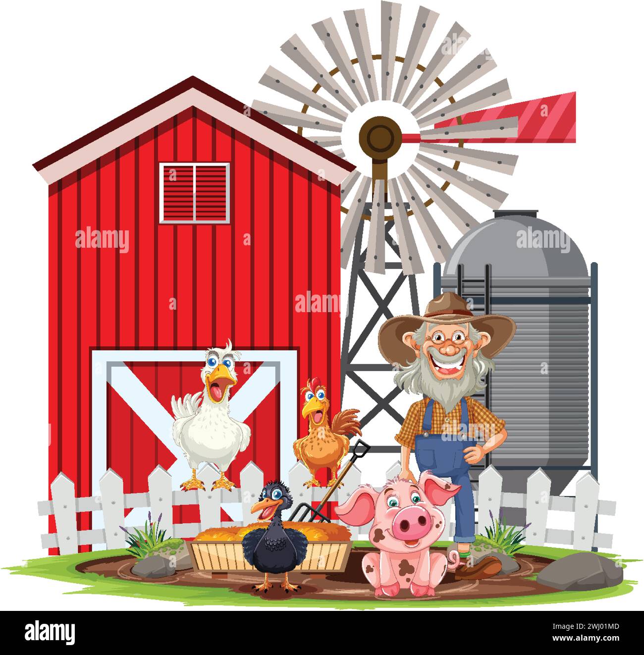 Cheerful farmer standing with various farm animals Stock Vector