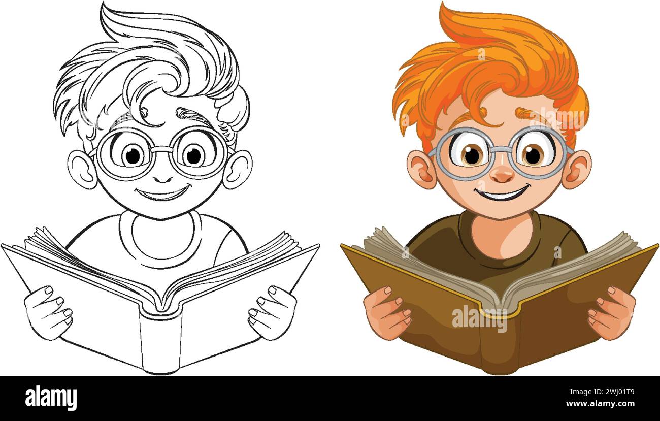 Colorful and black-and-white images of a reading boy Stock Vector Image ...