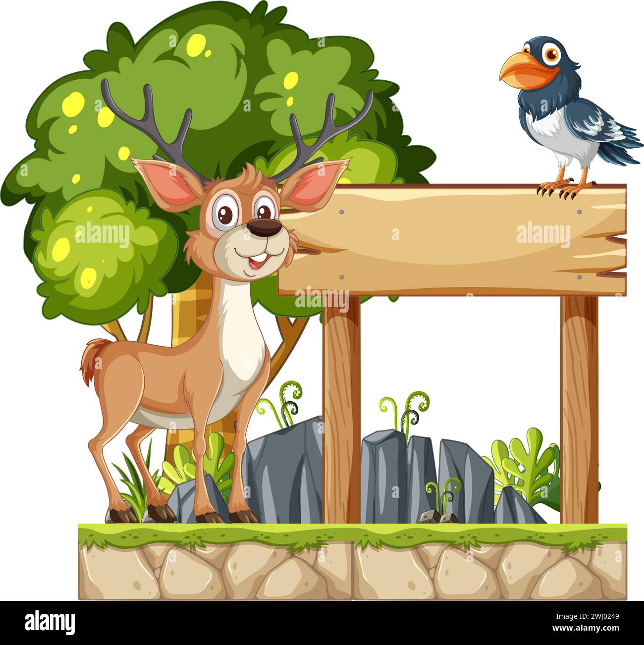 Illustration of a deer and bird with a blank sign Stock Vector Image ...