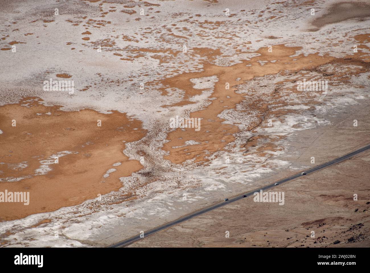 Death Valley, High Elevation, Desert Floor, Geography, Geology, Geologic Features, Salt Flows, Salt Lakes, Extreme Heat, Arid Landscape, Barren Stock Photo
