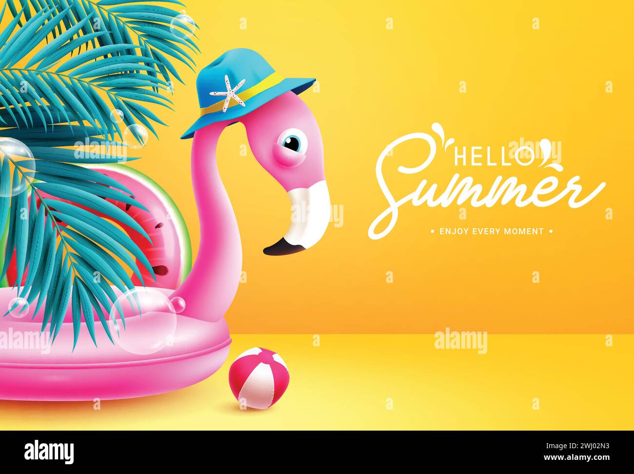 Summer hello greeting vector design. Hello summer text with pink flamingo and watermelon floaters beach elements in yellow background. Vector Stock Vector