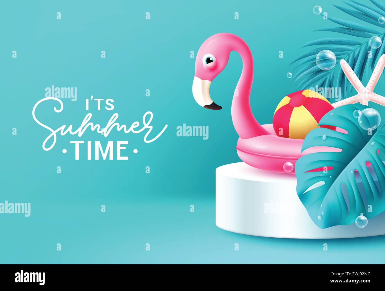 Summer time text vector banner design. It's summer time greeting with pink flamingo floaters and beachball in podium stage advertisement background. Stock Vector