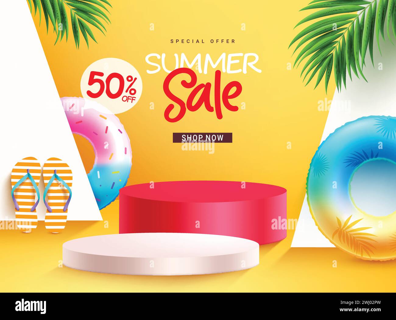 Summer sale podium vector banner design. Summer special offer text with floaters elements and podium stage for seasonal shopping advertisements. Stock Vector