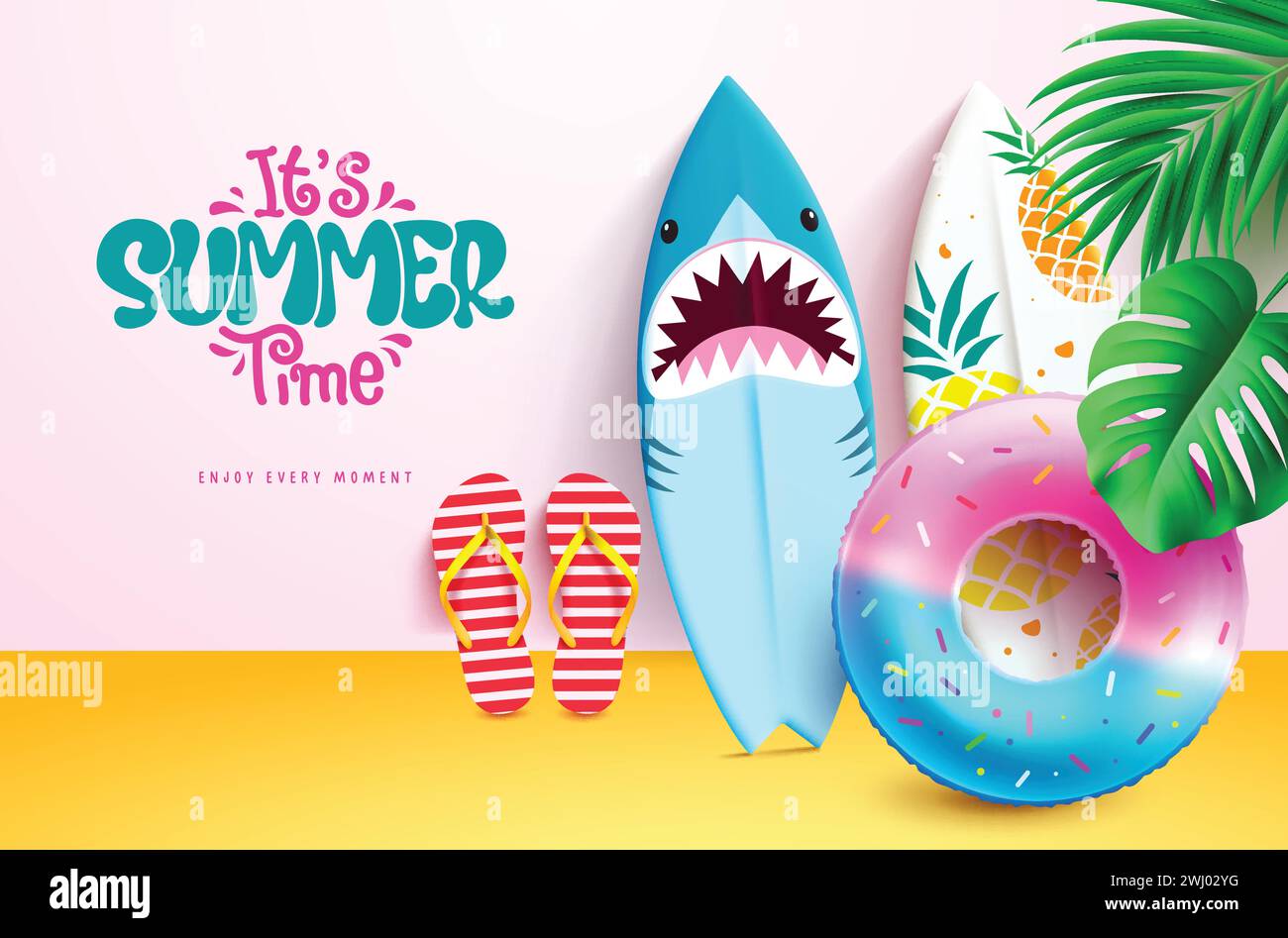 Summer time greeting text vector design. It's summer time text with floaters, shark and pineapple surfboard beach decoration elements for tropical Stock Vector