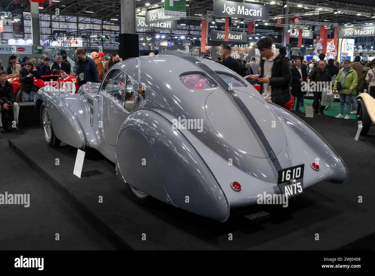 Paris, France - Rétromobile 2024. Focus on a grey 1936 Bugatti Type 57SC Atlantic. Chassis no. 57473 Stock Photo