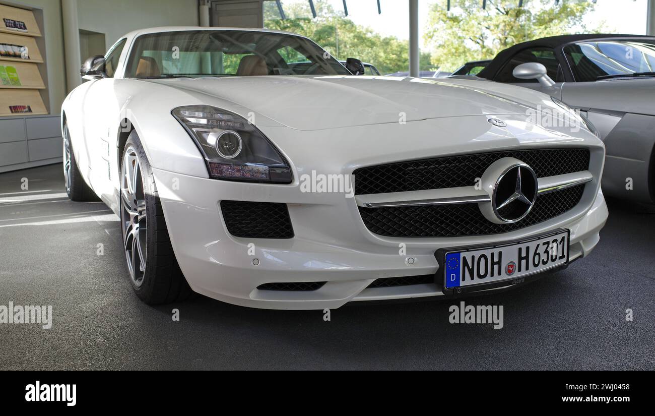 Itterbeck, Germany - Nov 1 2022 The front of a white Mercedes-Benz SLS AMG Stock Photo
