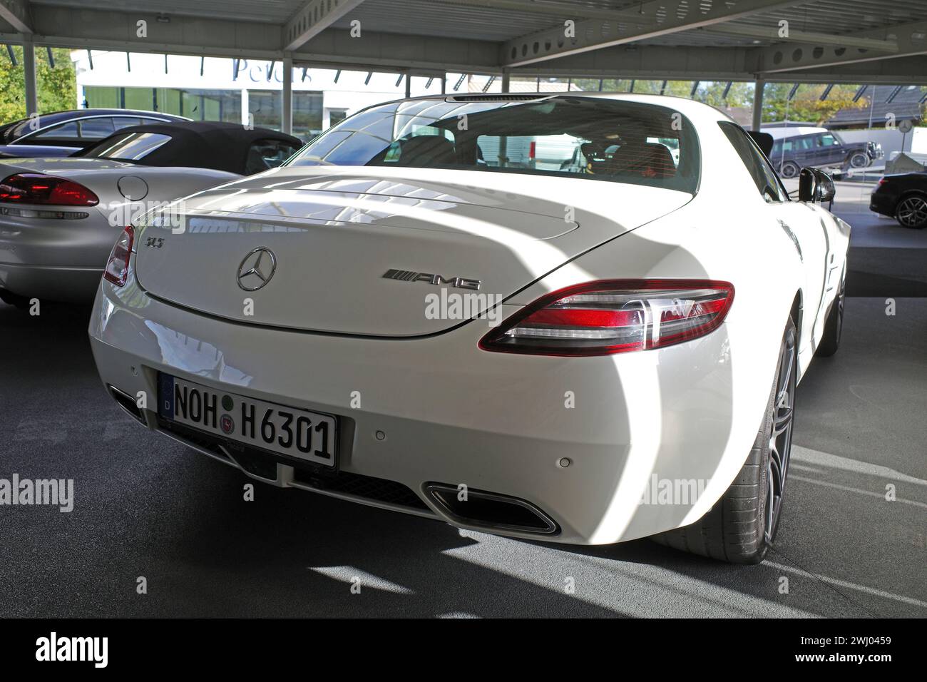 Itterbeck, Germany - Nov 1 2022 The back of a white Mercedes-Benz SLS AMG Stock Photo