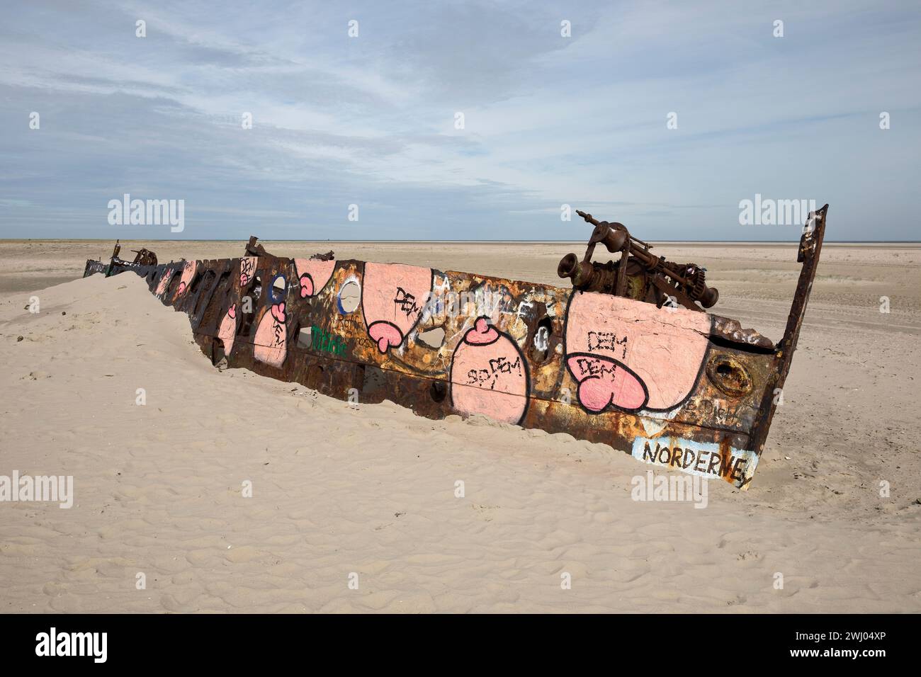 Wreck in the nature reserve of the East Frisian island of Norderney, Lower Saxony, Germany, Europe Stock Photo