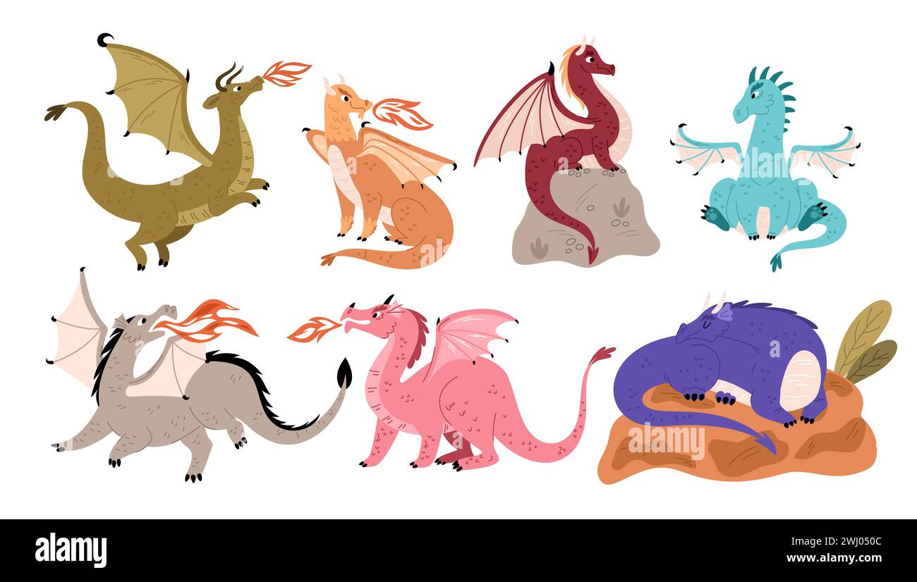 Fairy tale dragons. Magical fire breathing animals. Mythological winged creatures on stones. Fantasy flying reptiles with wings. Mythical lizards. Leg Stock Vector