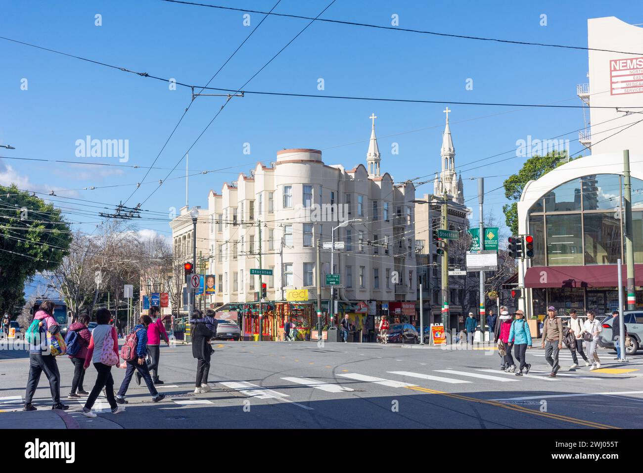 Crossing pedestrian corner of columbus avenue and stockton stree hi-res ...