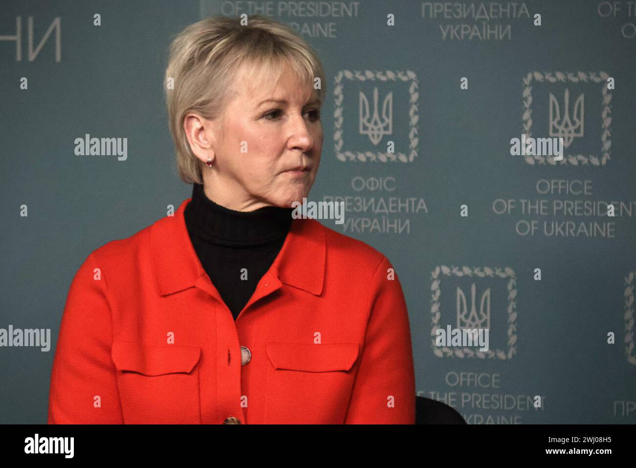 KYIV, UKRAINE - FEBRUARY 09, 2024 - Swedish Minister for Foreign Affairs (2014-2019) Margot Wallstrom is seen during the meeting with Head of the Office of the President of Ukraine Andrii Yermak and media representatives with the participation of members of the International Working Group on the Environmental Consequences of War, Kyiv, capital of Ukraine. Stock Photo