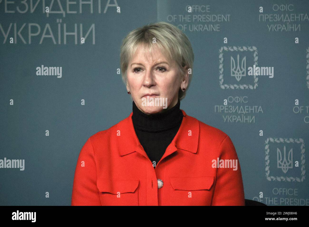 KYIV, UKRAINE - FEBRUARY 09, 2024 - Swedish Minister for Foreign Affairs (2014-2019) Margot Wallstrom is seen during the meeting with Head of the Office of the President of Ukraine Andrii Yermak and media representatives with the participation of members of the International Working Group on the Environmental Consequences of War, Kyiv, capital of Ukraine. Stock Photo