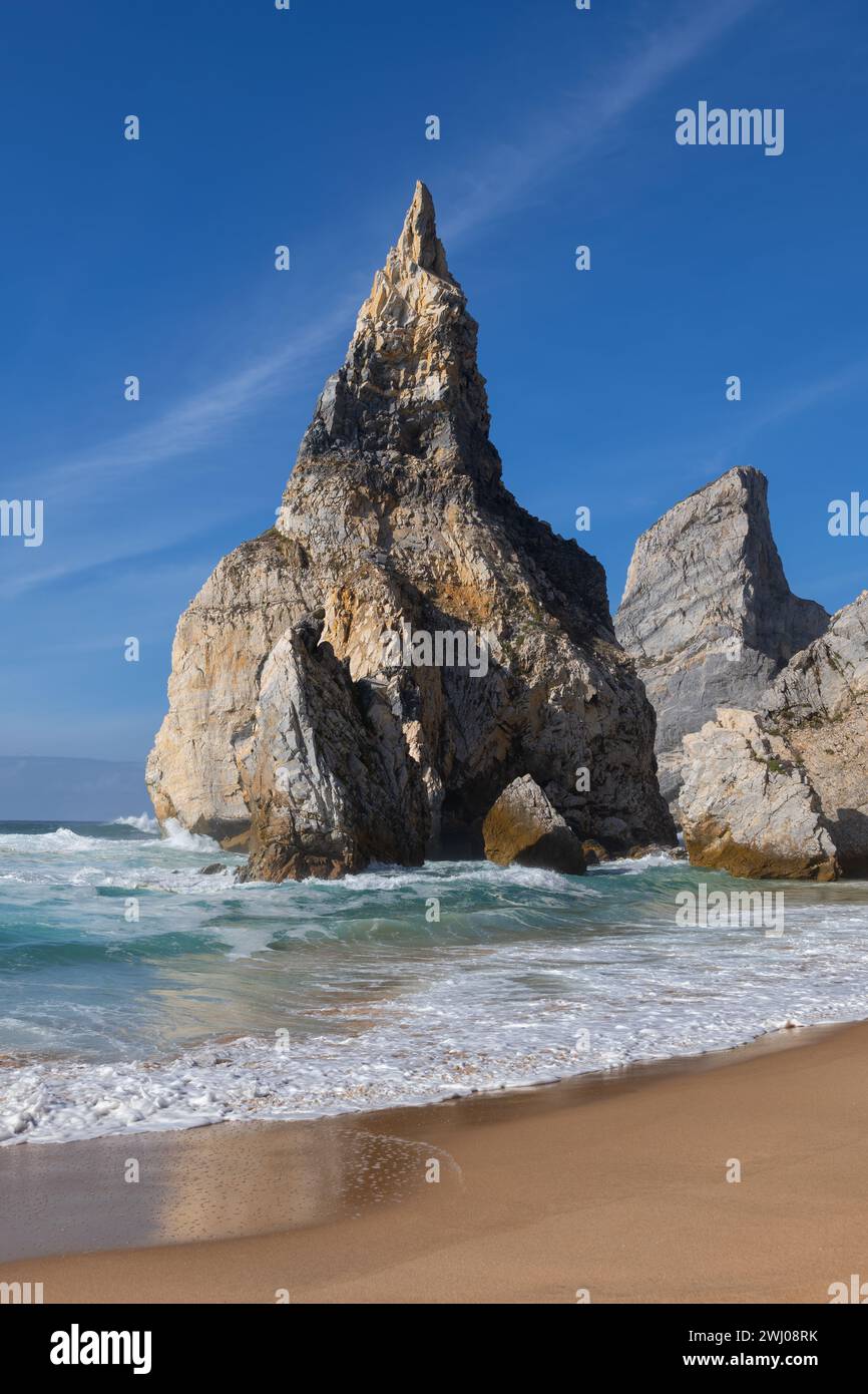 Ursa Beach by the Atlantic Ocean with striking coastal rock in Portugal, westernmost beach in Europe. Stock Photo