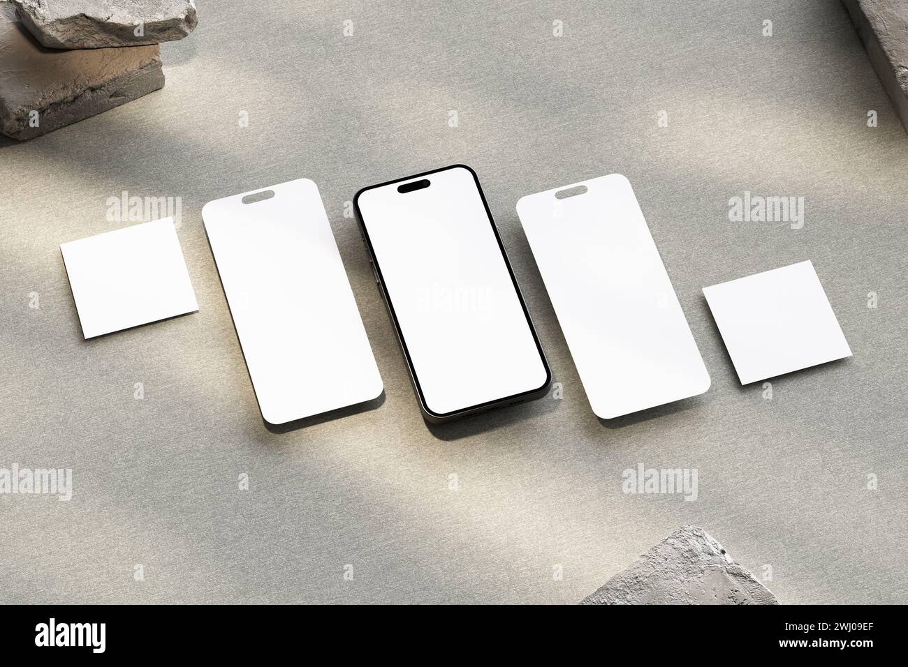 Phone blank screen mockup and various slides floating in 3D rendering ...