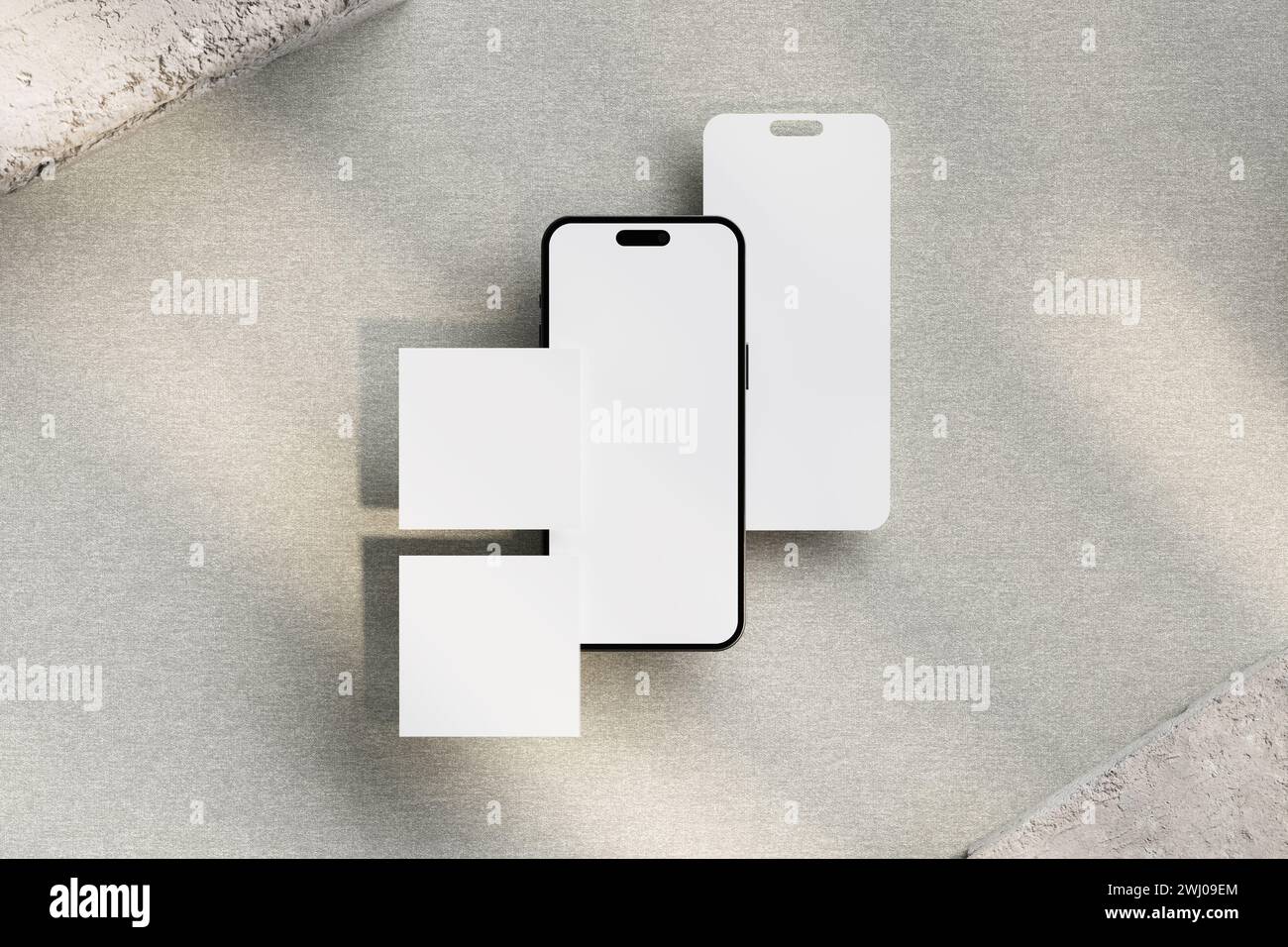 Mobile phone 15 pro blank screen mockup and various slides floating in ...