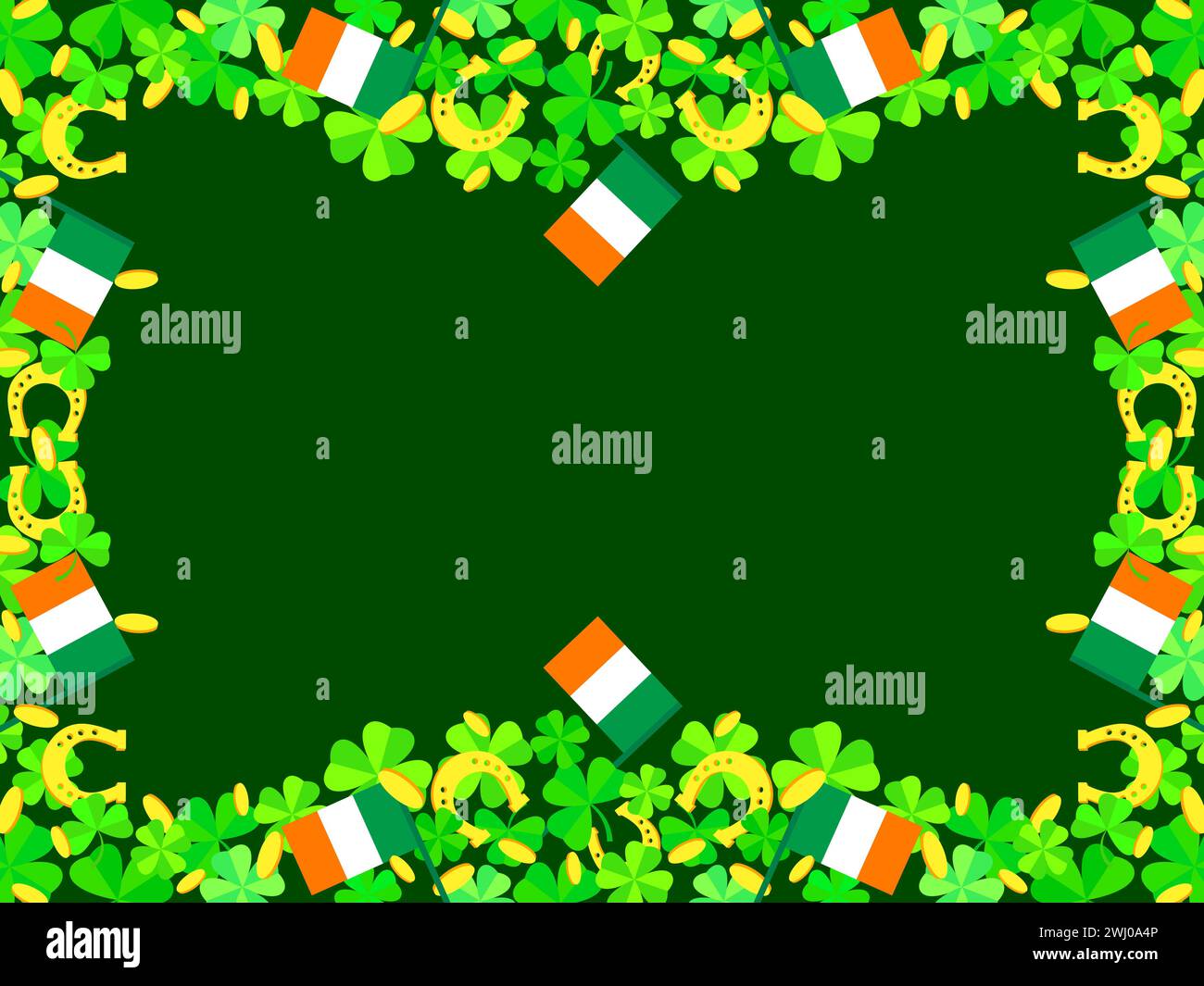 Frame for text for St. Patrick's Day with Irish flags, clover leaves, gold coins and horseshoes. Border with shamrocks, golden horseshoes, coins and I Stock Vector