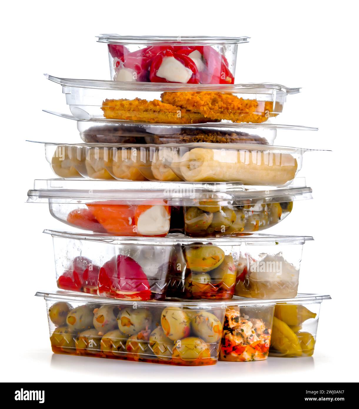Variety of prepackaged food products in plastic boxes isolated on white ...