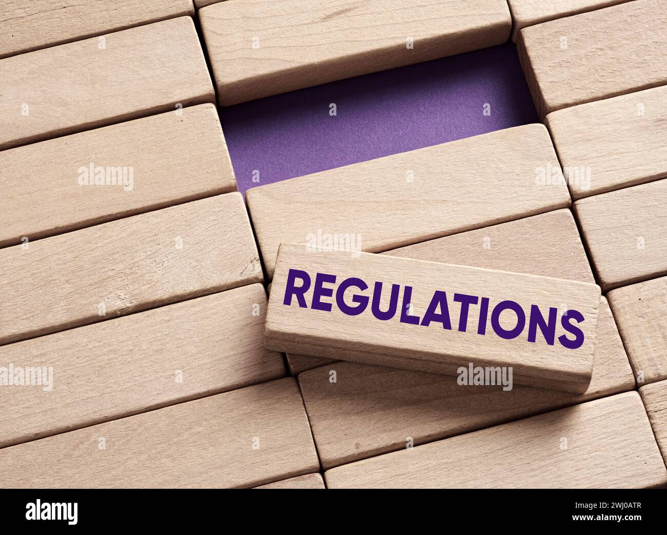 The word regulations on wooden blocks. Rules, laws, procedures and policies to comply. Stock Photo
