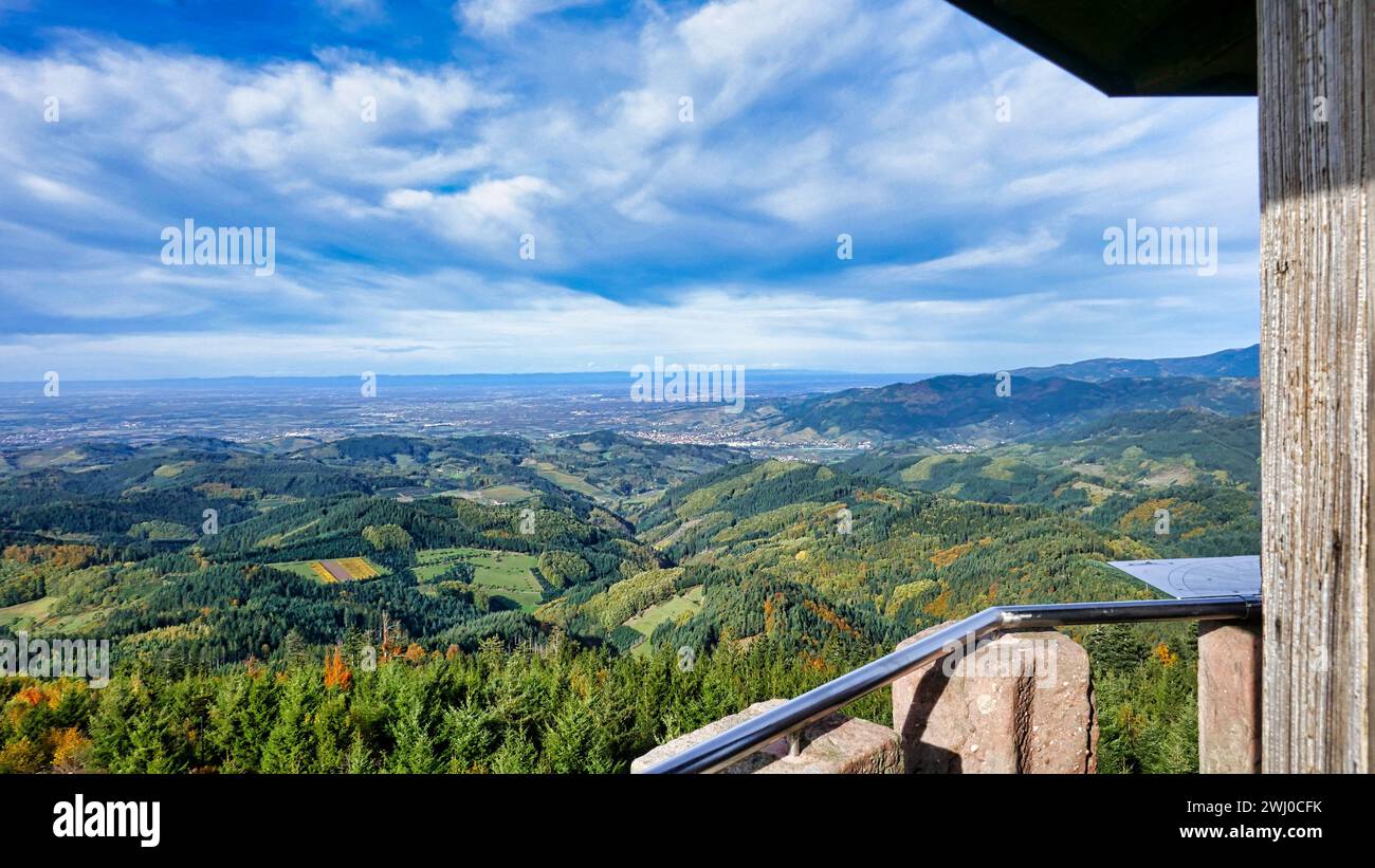 View from the Moosturm to Oppenau, the northern Black Forest to the Rhine plain and the Vosges Stock Photo