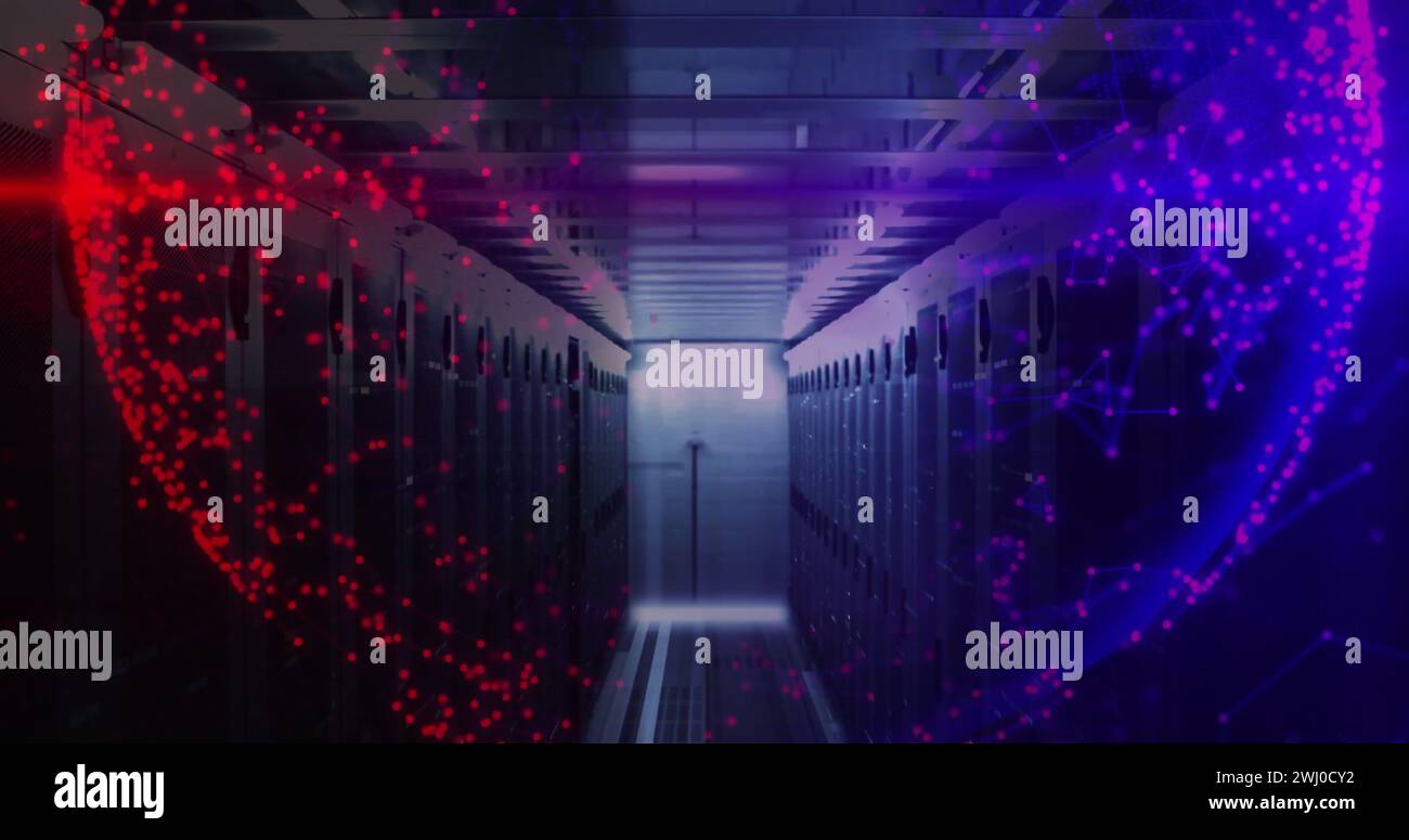 Image of shapes moving and globe over server room Stock Photo
