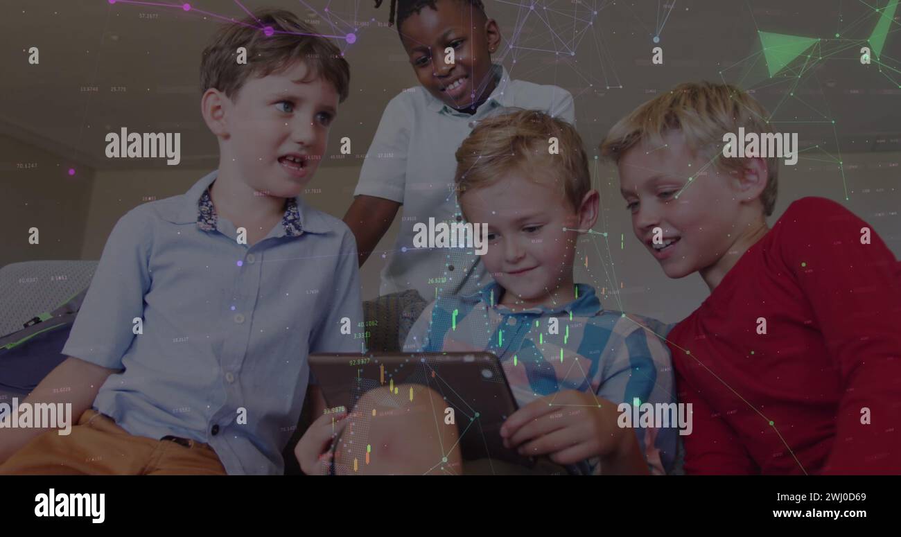 Image of networks over happy diverse schoolboys using tablet at break time Stock Photo