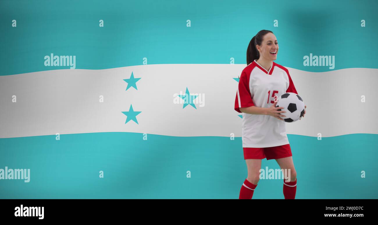 Image of caucasian female soccer player over flag of honduras Stock Photo