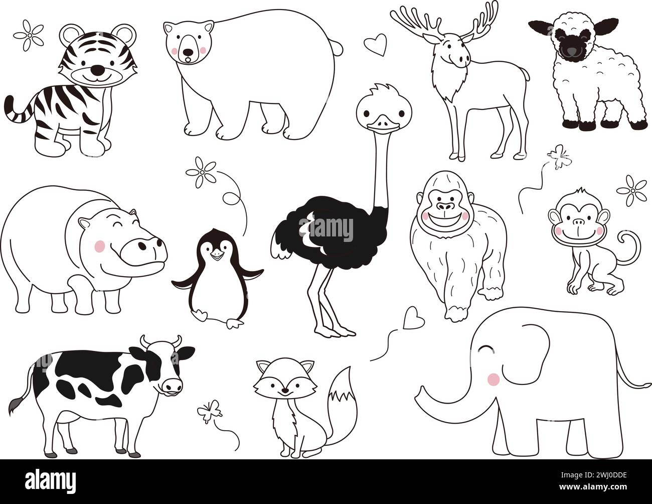 Hand-Drawn Cute Cartoonish Animals Vector Illustration Set Isolated On ...