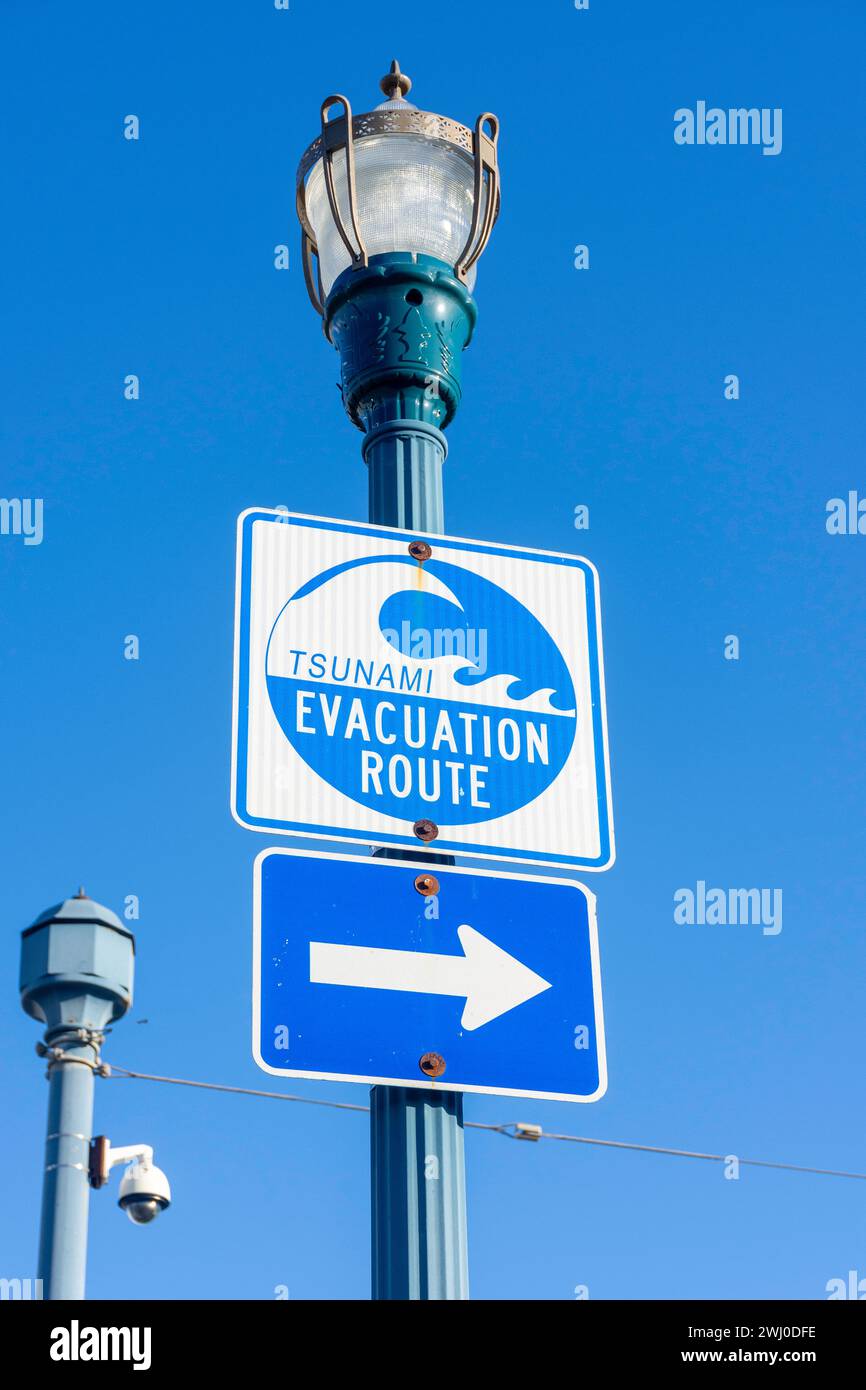 Tsunami eacuation route sign, The Embarcadero, Fisherman's Wharf, Fisherman's Wharf District, San Francisco, California, United States Stock Photo