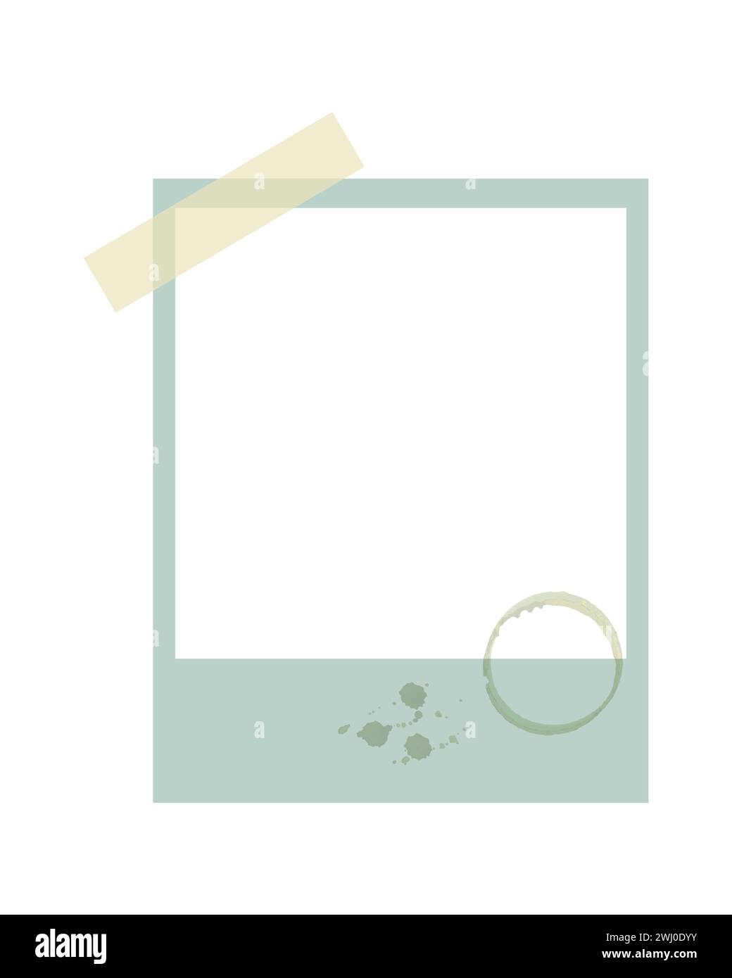 Digital scrapbooking element Blank note frame attached to the wall with sticky tape, with round imprint of coffee stain and splatters and drops, vintage element for scrapbooking design. Vector illustration Stock Vector
