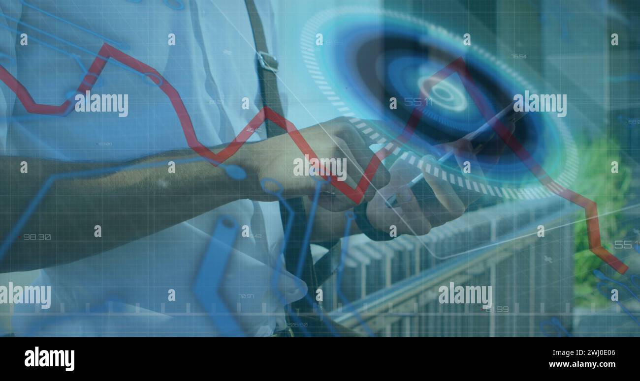 Scanner Rnd Round scanner and red graphs moving over mid section of man using ...