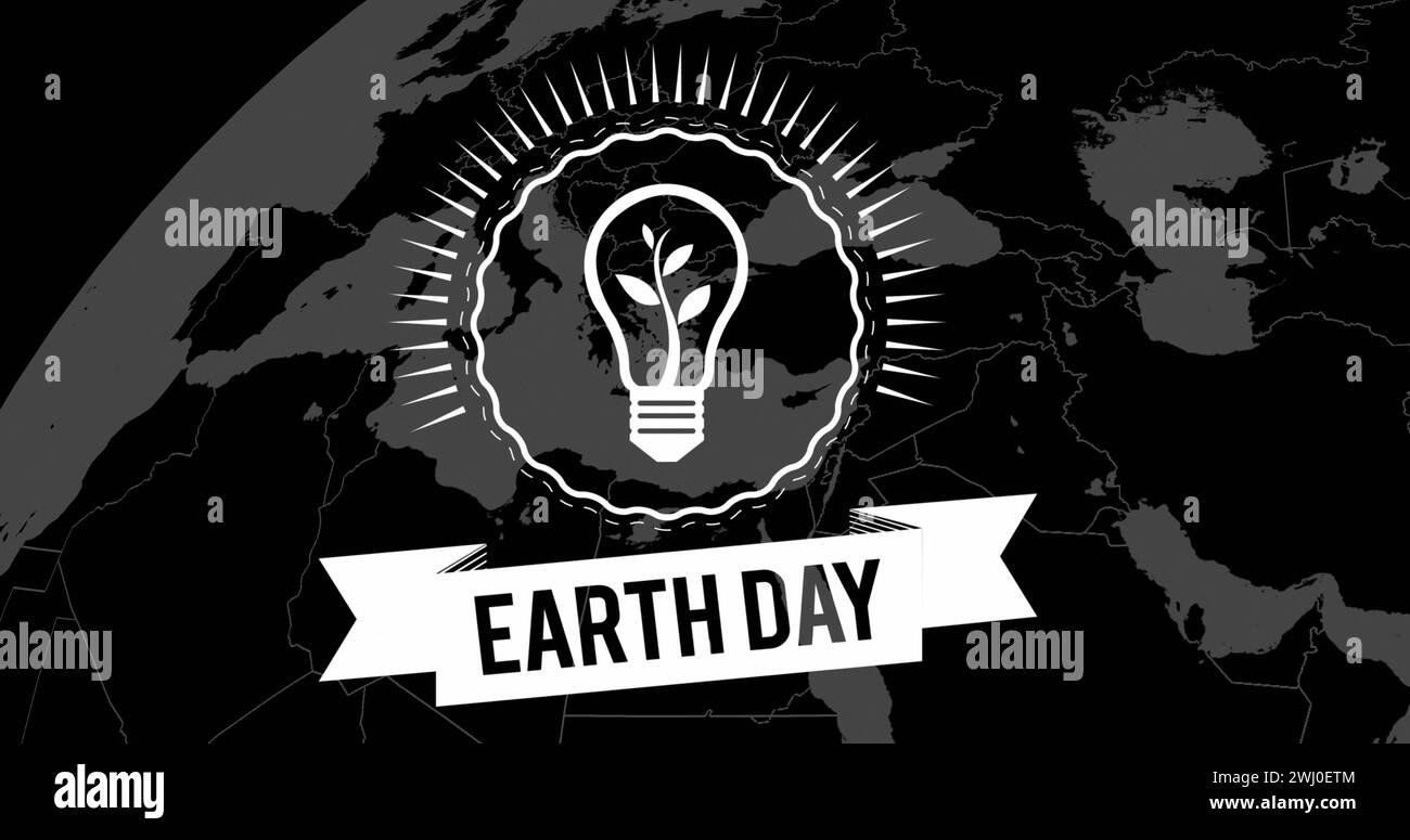 Image of earth day and bulb over globe on black background Stock Photo