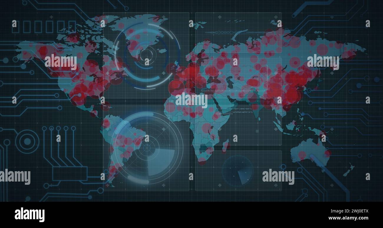 World map data points animation - Image Of Scopes Scanning On Screens With Location Points Over World Map 2WJ0ETX image map of world