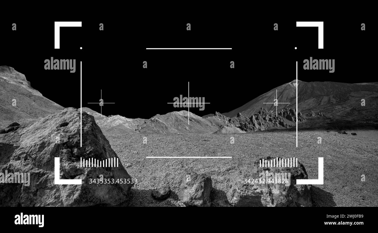 Moon landscape through viewfinder of Lunar rover. Cosmic scene with ...