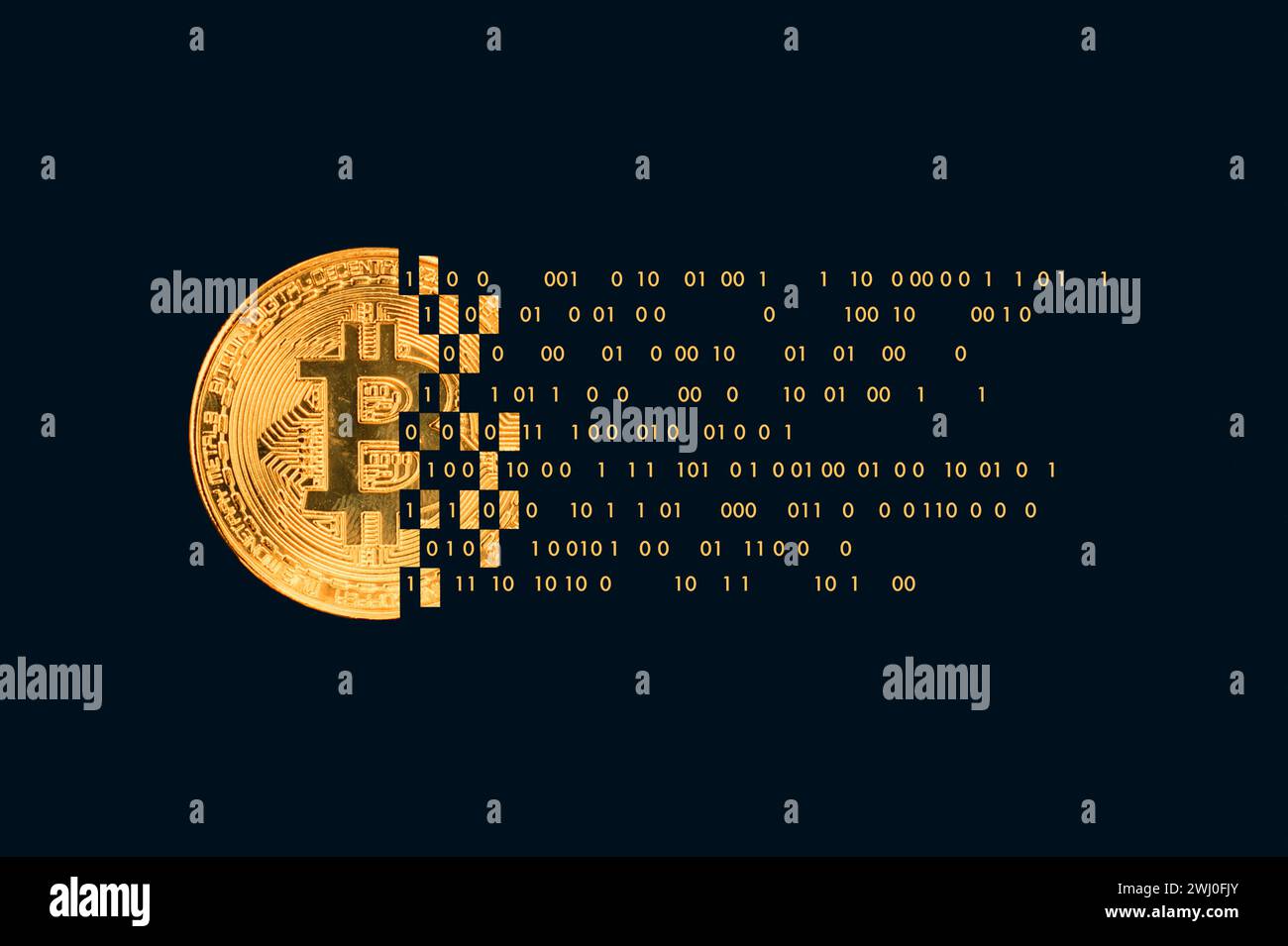 Bitcoin with technology binary code.  Digital binary data and secure data with number 0 and 1. Stock Photo