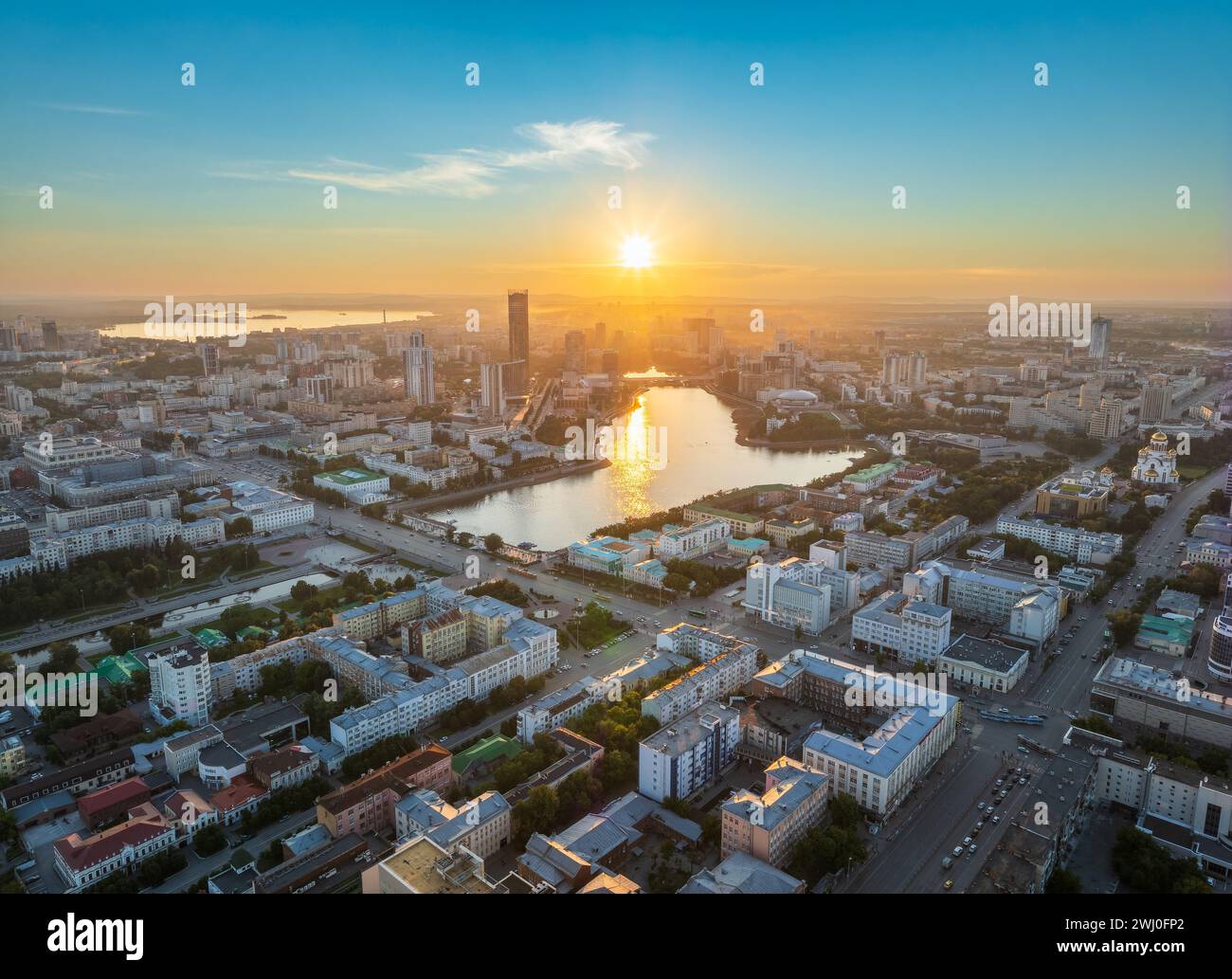 Yekaterinburg city and pond aerial panoramic view at summer sunset ...