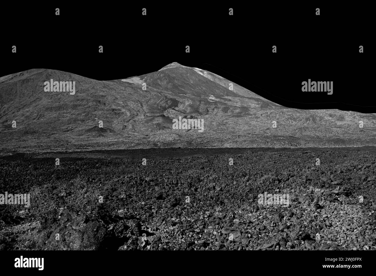 Black Cosmic Lunar Horizon Landscape with stone, sand, mountain Stock Photo