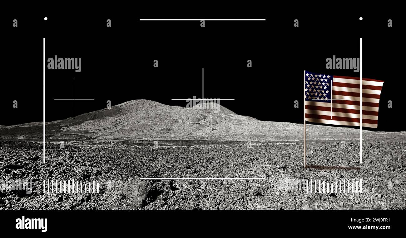 Viewfinder of Moon rover with Lunar Horizon Landscape and USA flag Stock Photo